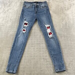 Judy Blue Jeans Women 5/27 Skinny Fit Plaid Patch Distressed Whiskers Mom Preppy